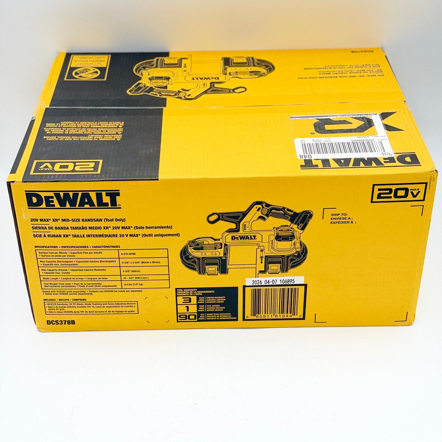 DeWalt 20V MAX XR Mid-Size Bandsaw DCS378B - New In Box