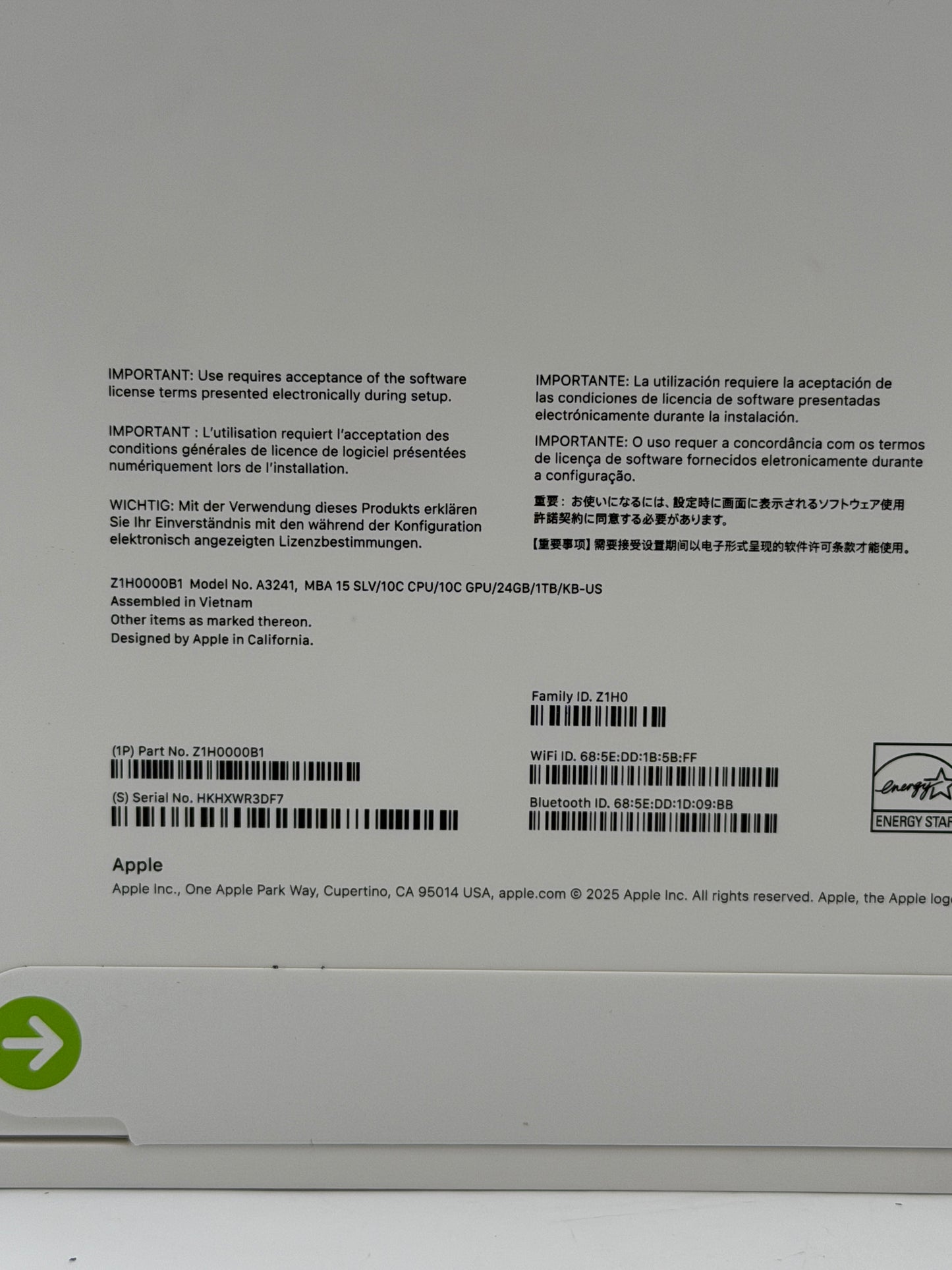 Apple MacBook Air 15" M4 10-Core A3241 24GB RAM 1TB SSD 2025 SILVER BRAND NEW