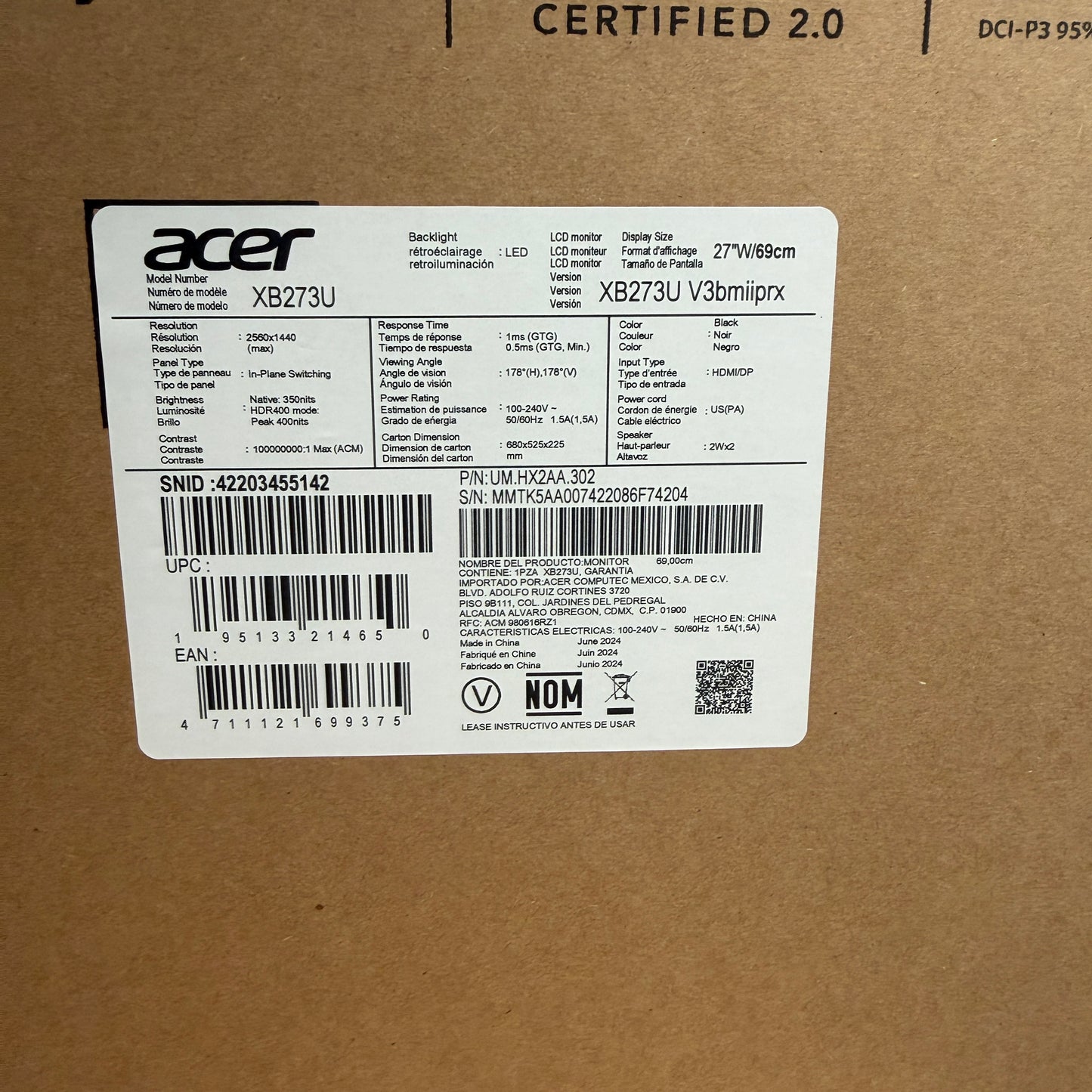 Acer Predator XB273U GSbmiiprzx 27" 16:9 165 Hz NVIDIA G-SYNC IPS Gaming Monitor