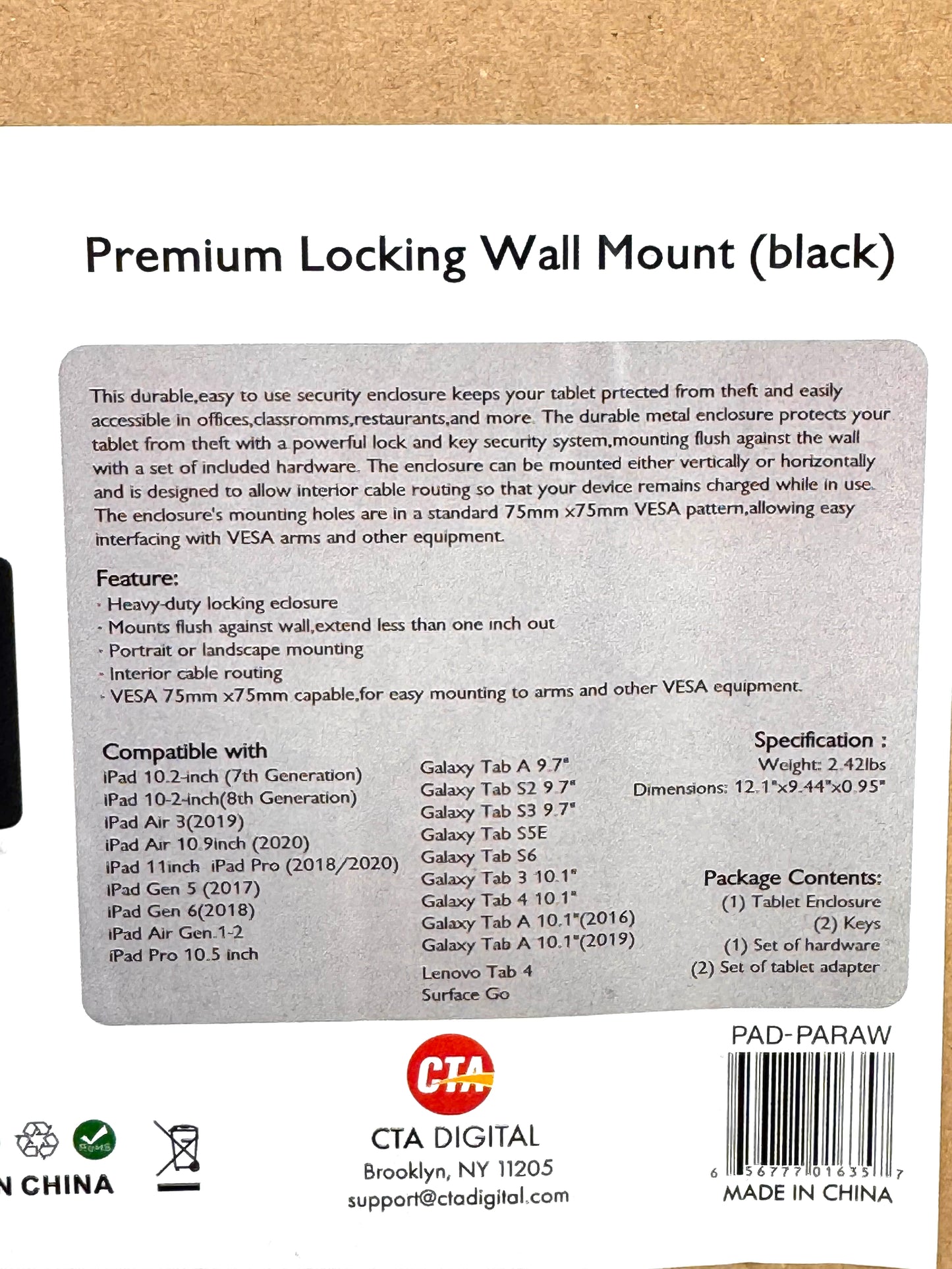CTA Digital Premium Locking Wall Mount for iPad