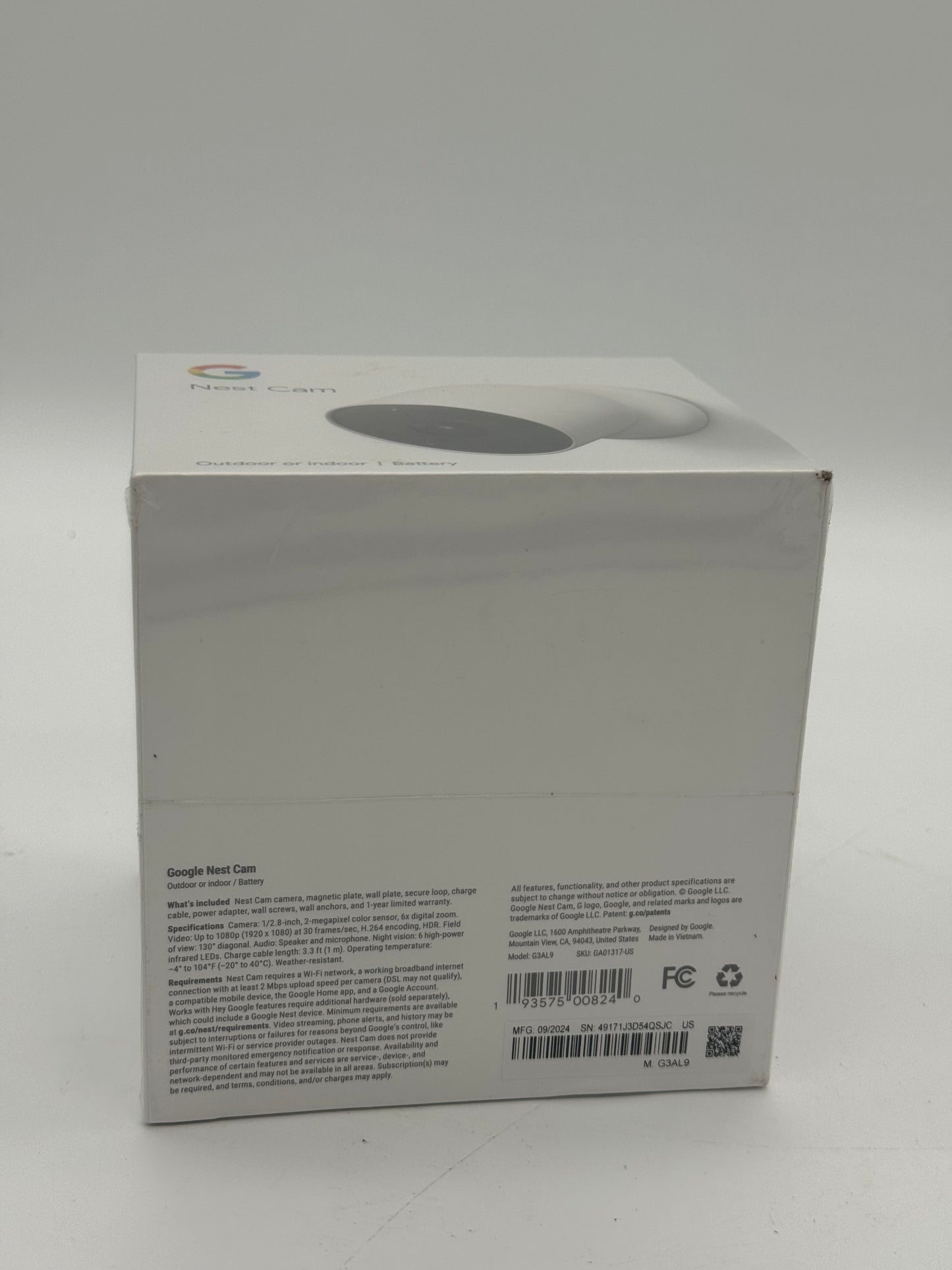 Google Nest Cam Outdoor/Indoor (G3AL9) Security Camera - New in Box - White
