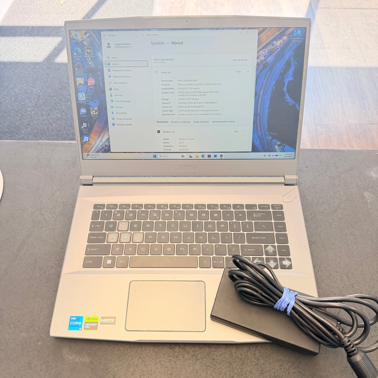 MSI Thin 15 B13UC 15-inch Laptop - Core i5 13th Gen, 16GB RAM, 512GB SSD, RTX 3050