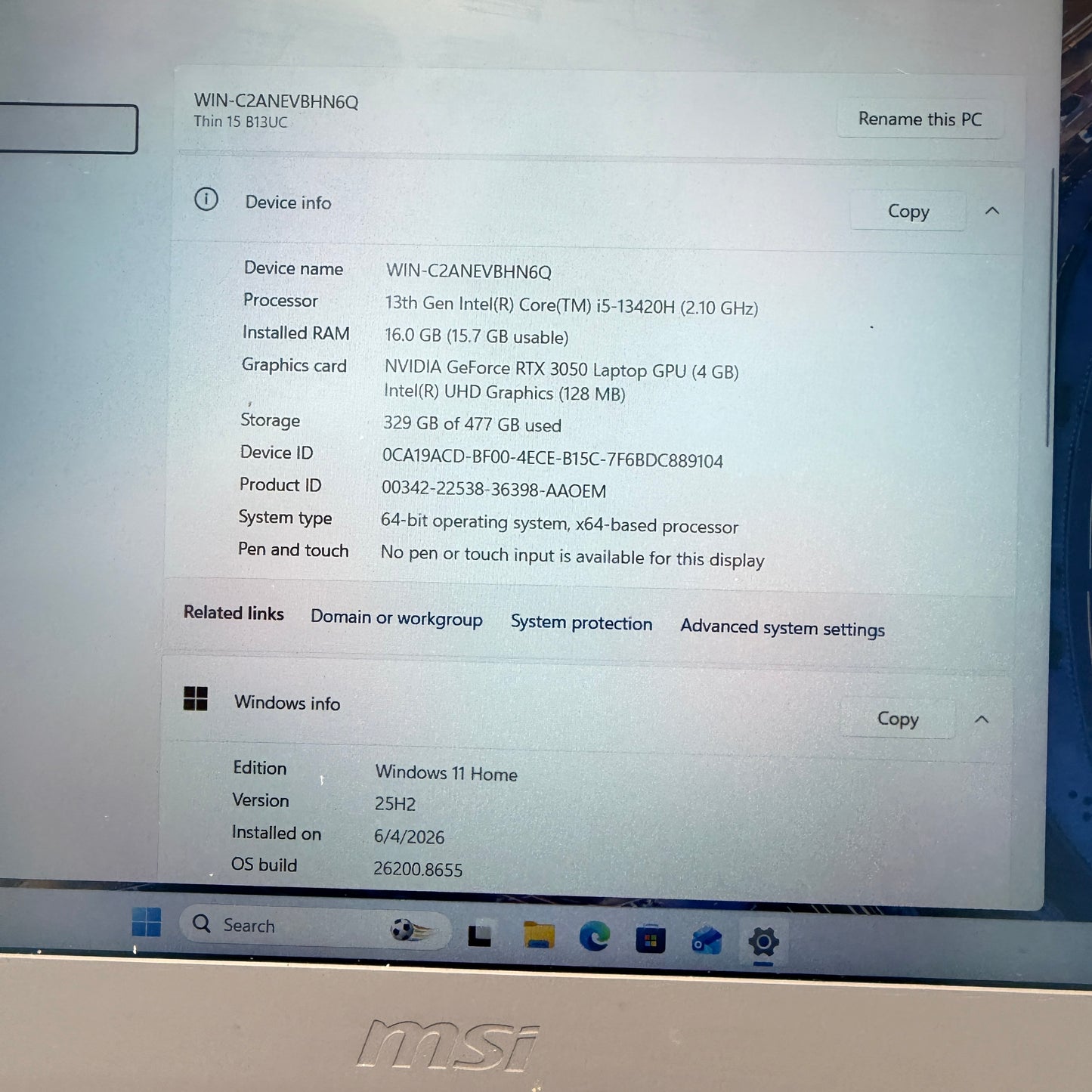MSI Thin 15 B13UC 15-inch Laptop - Core i5 13th Gen, 16GB RAM, 512GB SSD, RTX 3050