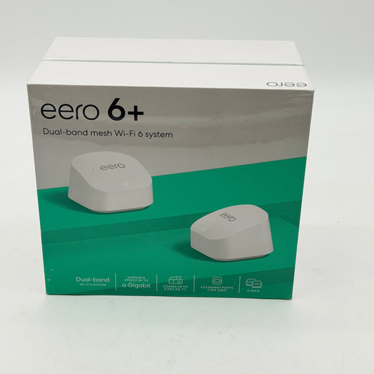 •	Amazon eero 6+ Dual-Band Mesh Wi-Fi 6 Router AX3000 R010001 - New In Box Sealed