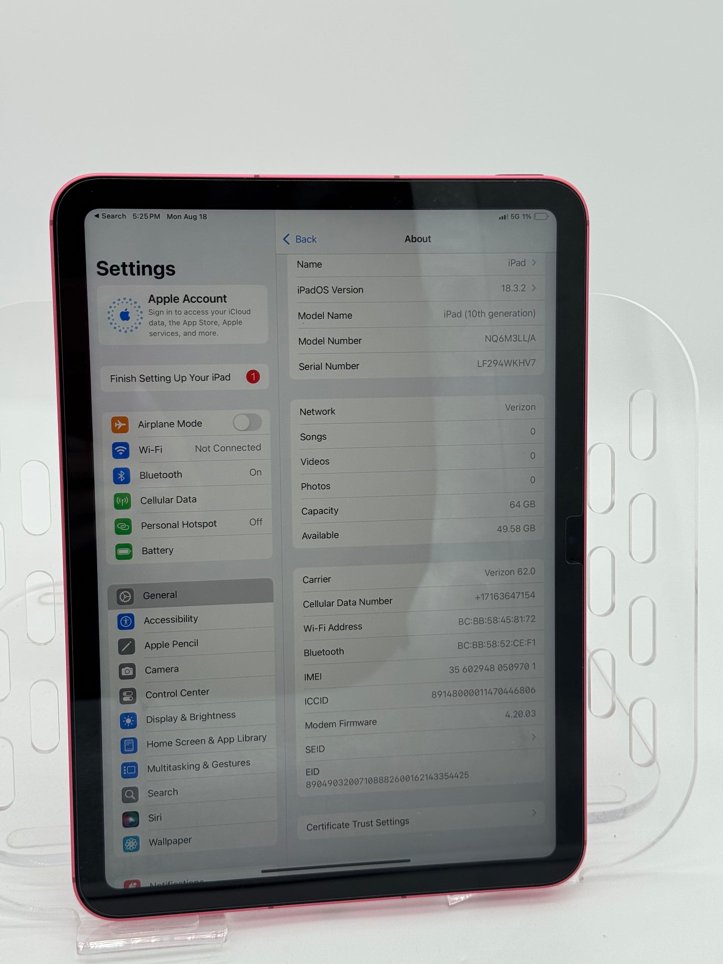 Apple iPad (10th Gen) A2757 64GB Pink - Verizon - Fully Functional