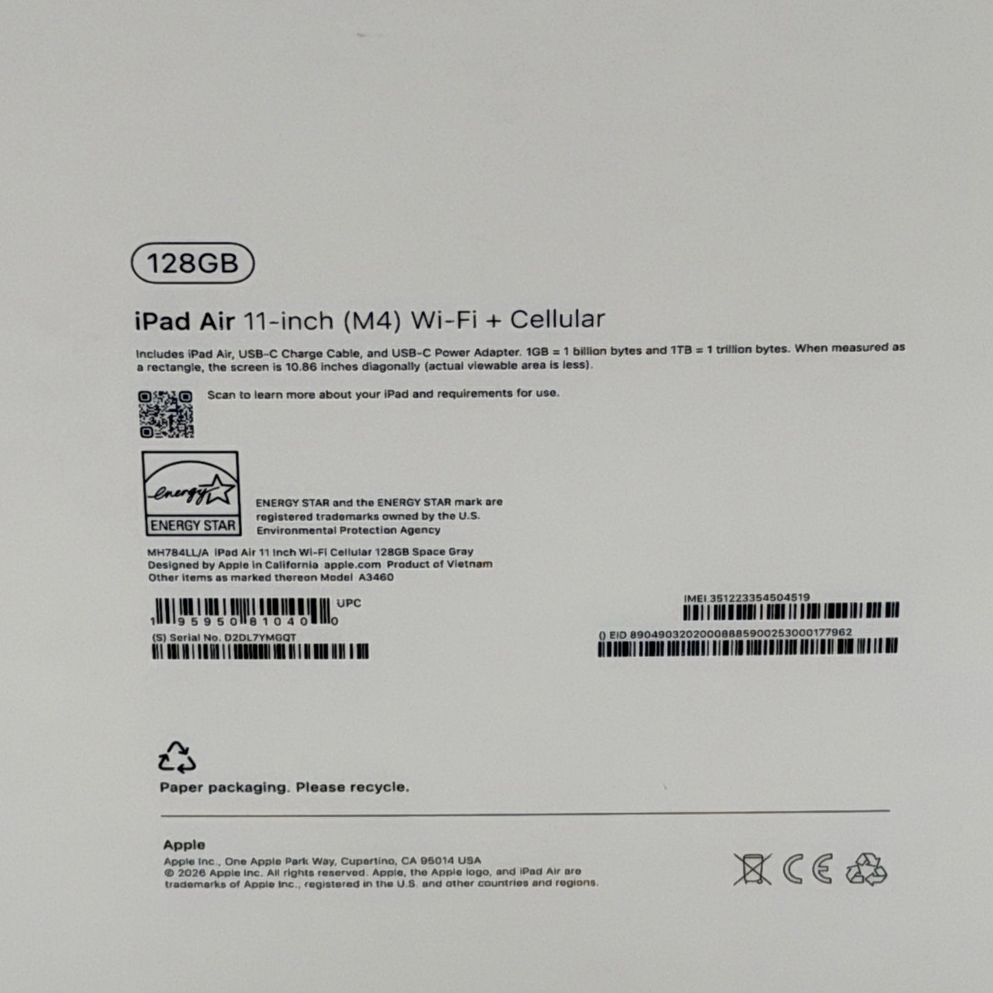 Apple iPad Air 11-inch M4 128GB Wi-Fi + Cellular 5G Unlocked A3460 New Sealed