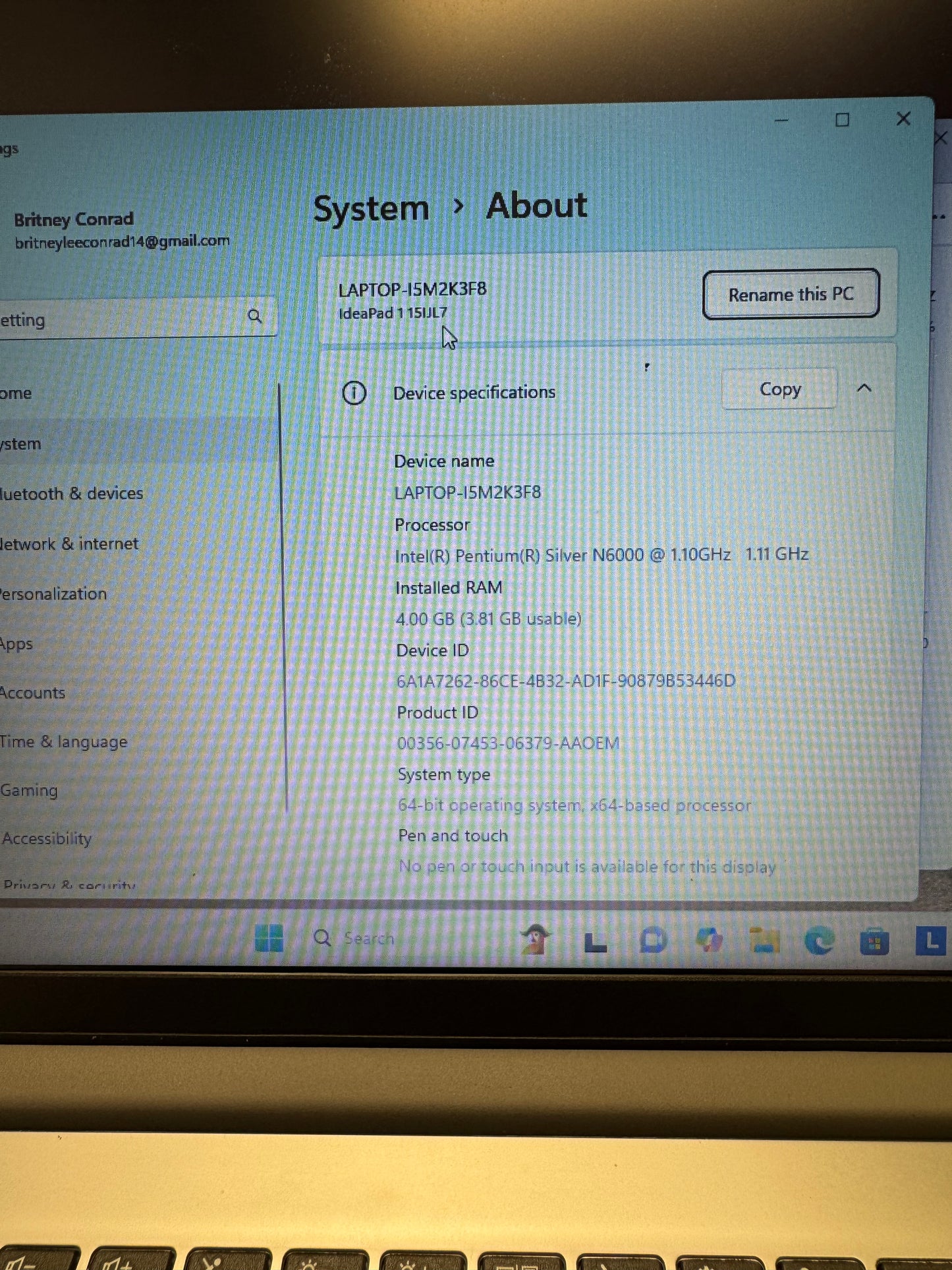 Lenovo Ideapad 1 (15Ul7) Laptop - Gray - Intel Pentium - 128GB