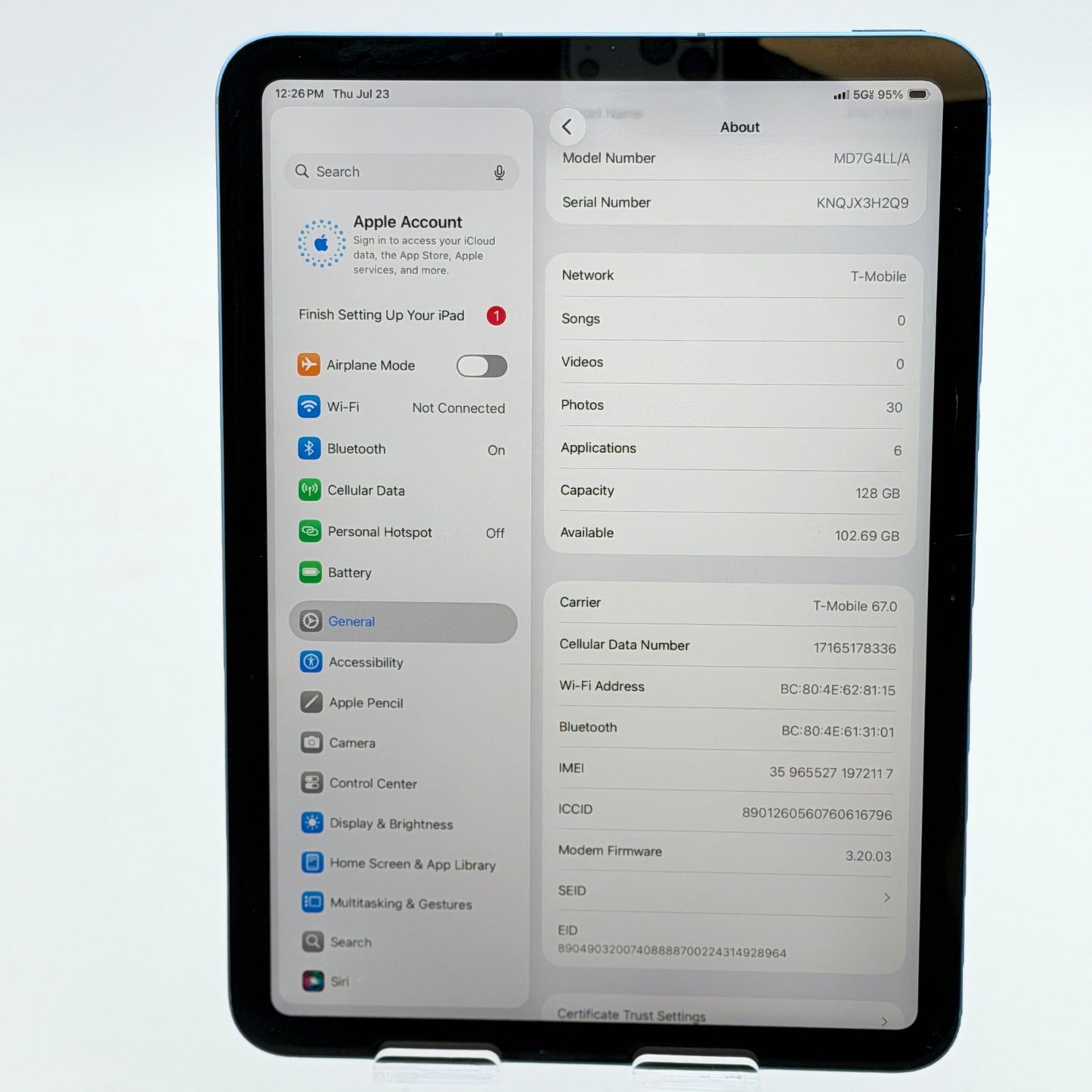 Apple iPad 11th Gen 128GB Blue Wi-Fi + Cellular Unlocked A3355 - 100% Battery Used