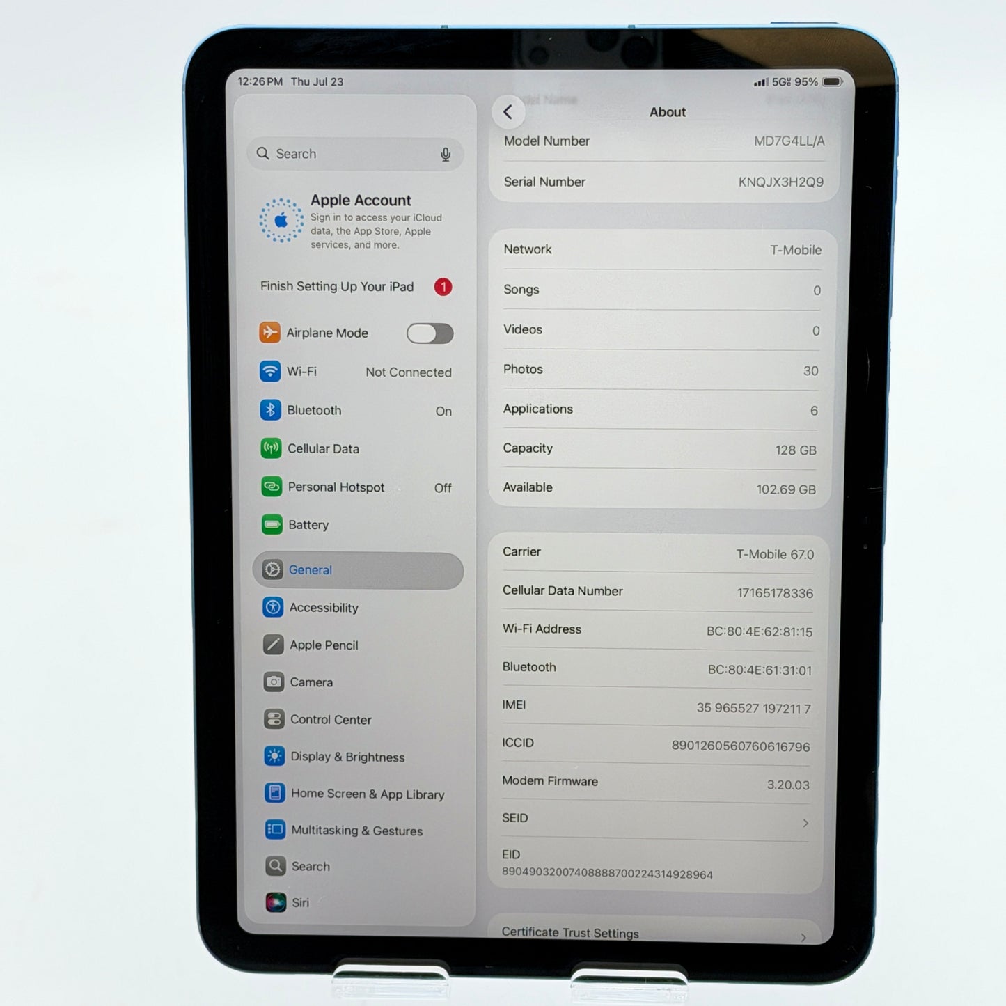 Apple iPad 11th Gen 128GB Blue Wi-Fi + Cellular Unlocked A3355 - 100% Battery Used