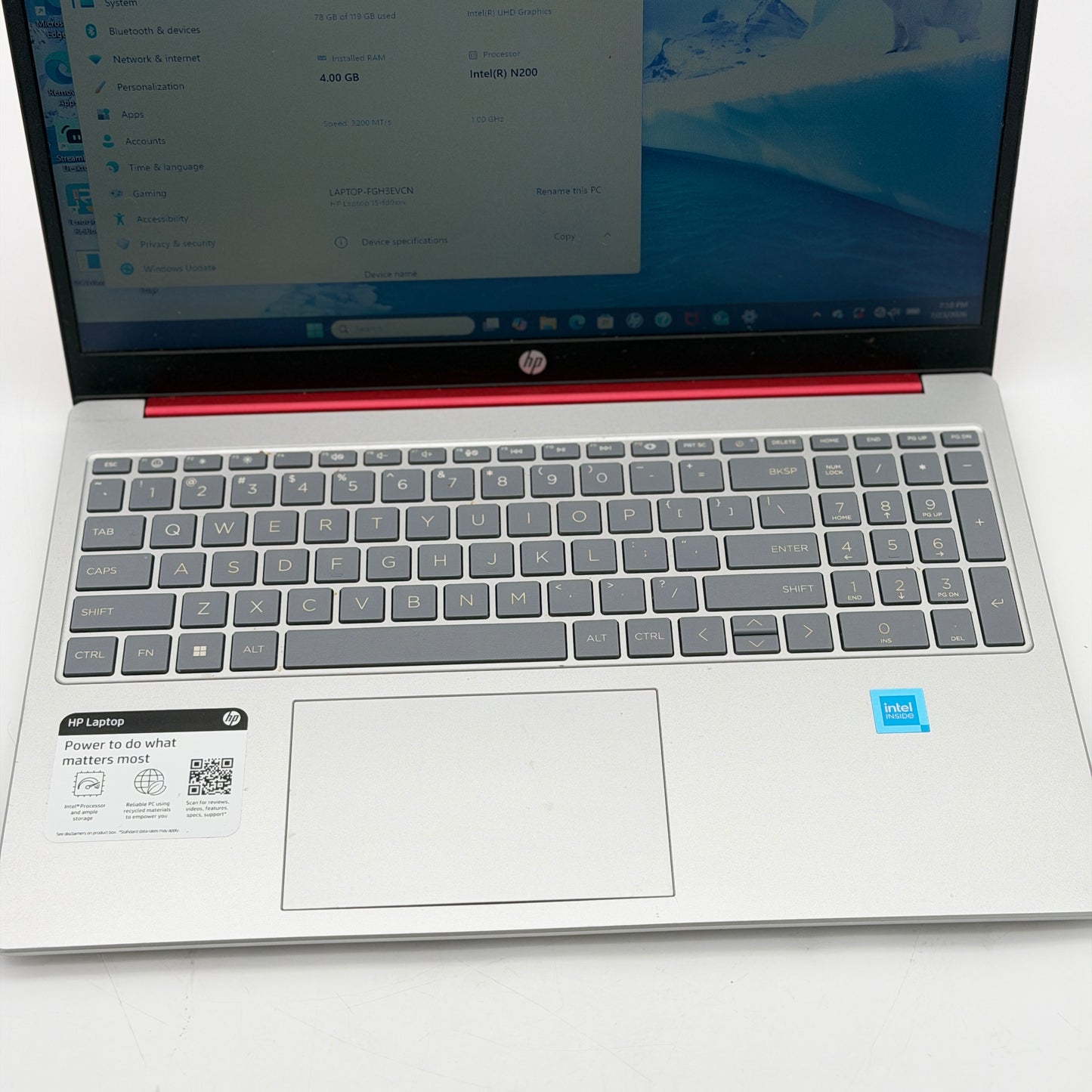 HP 15-fd0083wm 15.6" Laptop Intel N200 4GB RAM 128GB SSD Win 11 Scarlet Red Charger