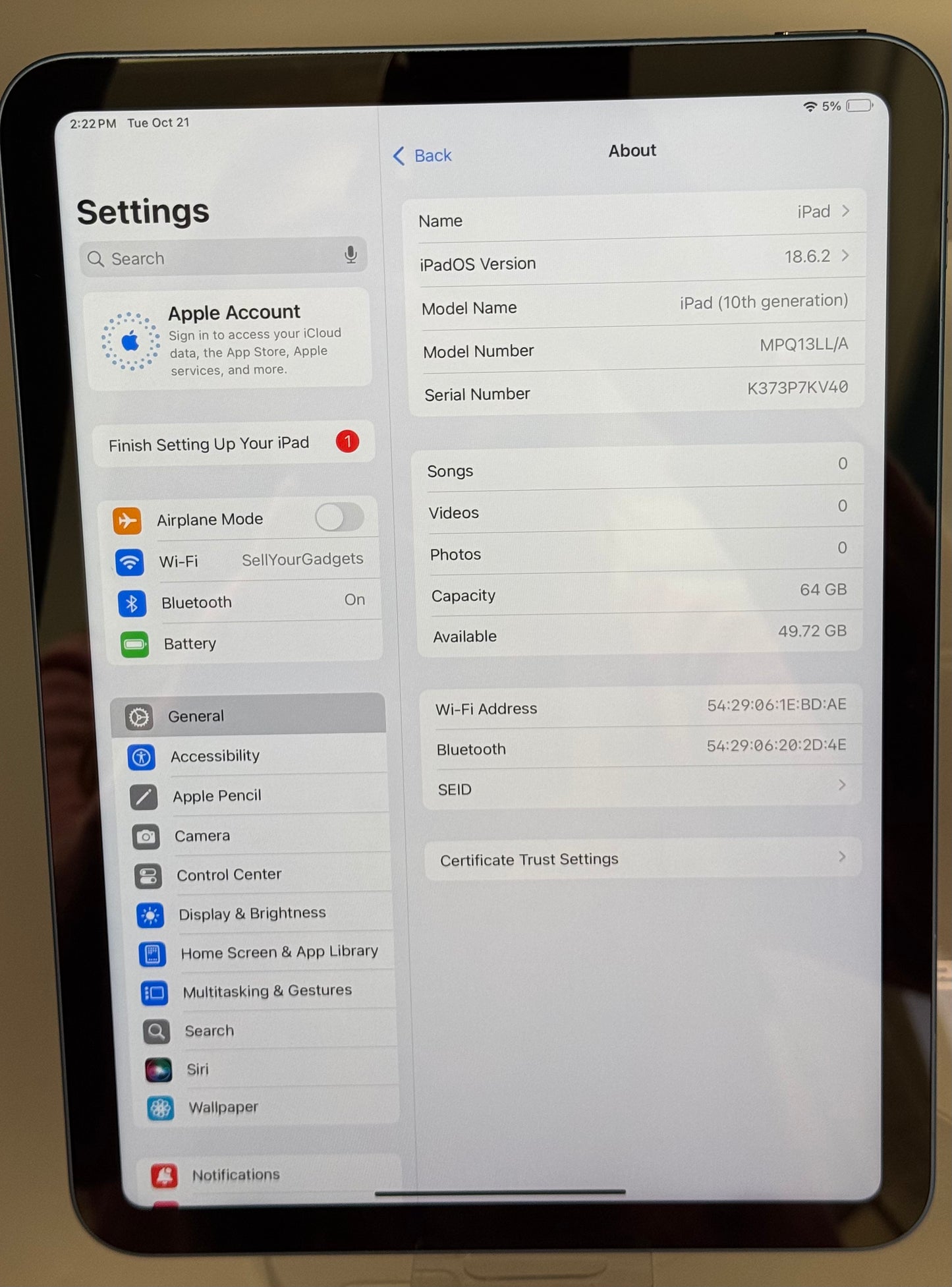 Apple iPad A16 A3355 10.9 Inch 64 GB Black WiFi Unlocked - Used