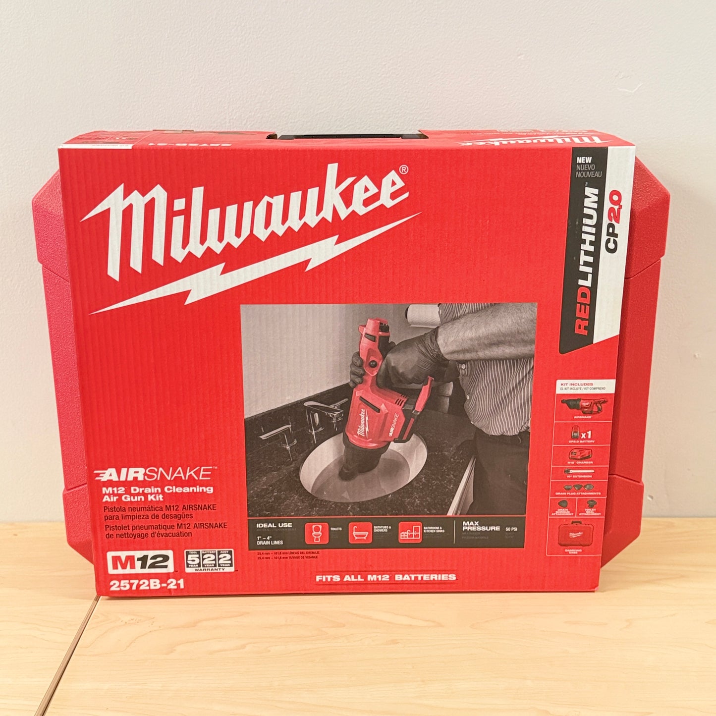 Milwaukee M12 AIRSNAKE Drain Cleaning Air Gun Kit 2572B-21 Battery Charger Case
