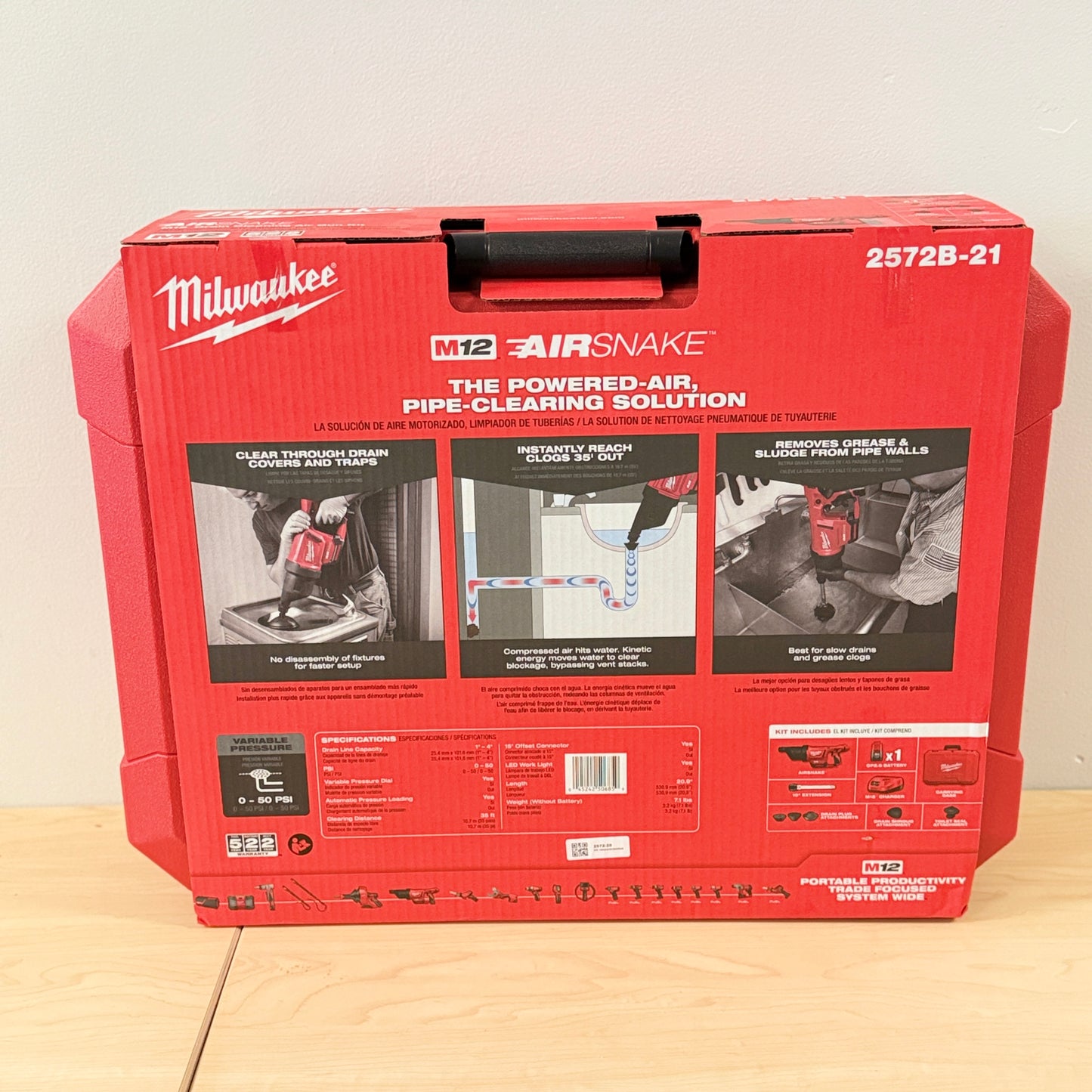 Milwaukee M12 AIRSNAKE Drain Cleaning Air Gun Kit 2572B-21 Battery Charger Case