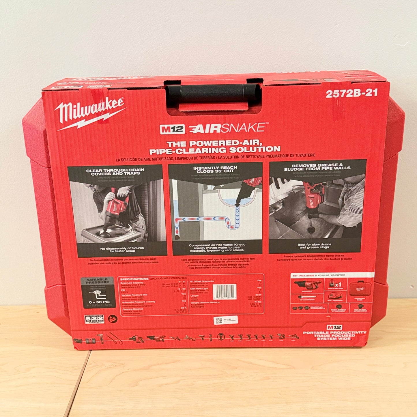 Milwaukee M12 AIRSNAKE Drain Cleaning Air Gun Kit 2572B-21 Battery Charger Case