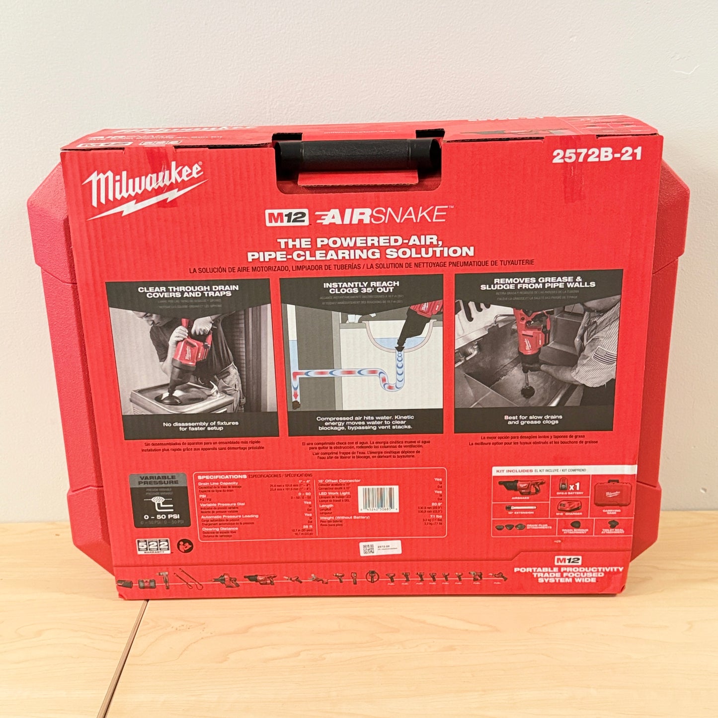 Milwaukee M12 AIRSNAKE Drain Cleaning Air Gun Kit 2572B-21 Battery Charger Case