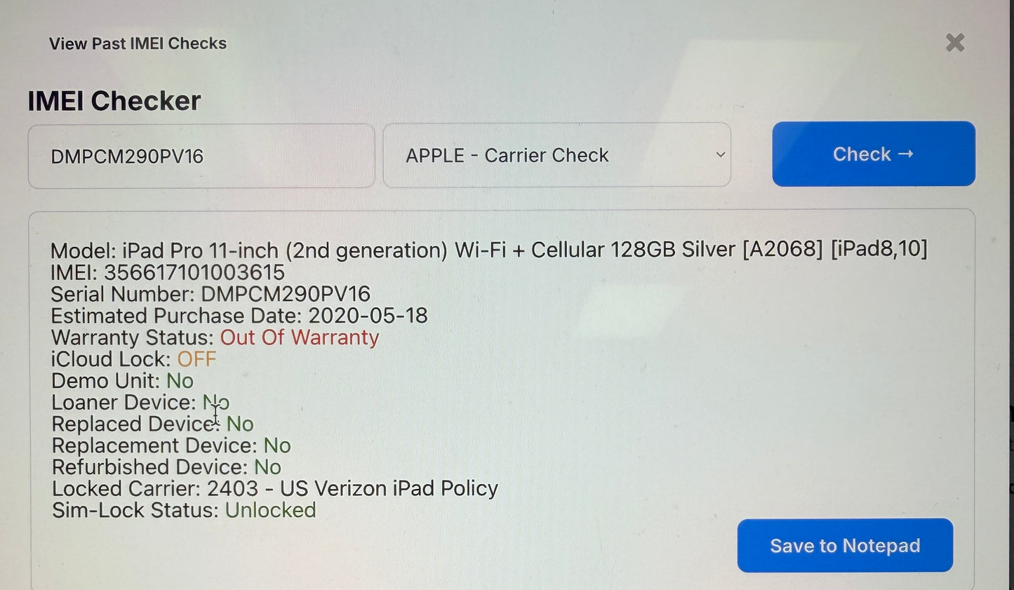 iPad Pro 11-inch 2nd Gen 128gb WiFi + Cellular A2068 - Cracked Screen, Working (UNLOCKED)