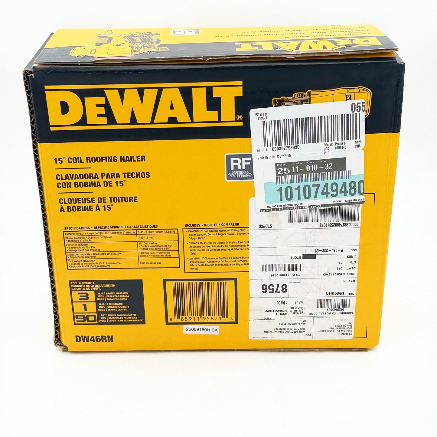 NEW DEWALT DW46RN 15° Coil Roofing Nailer w/ Vinyl Siding Kit