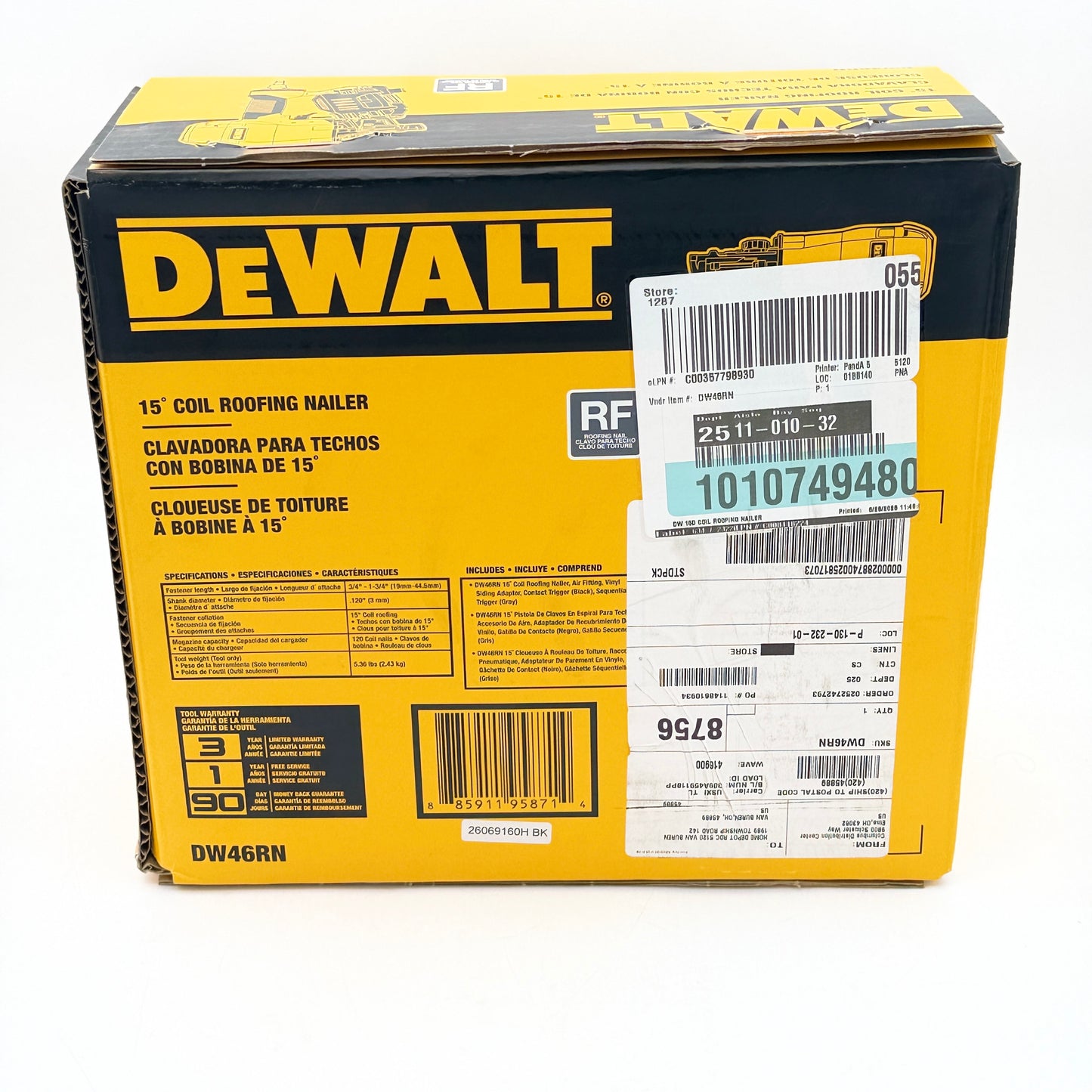 NEW DEWALT DW46RN 15° Coil Roofing Nailer w/ Vinyl Siding Kit