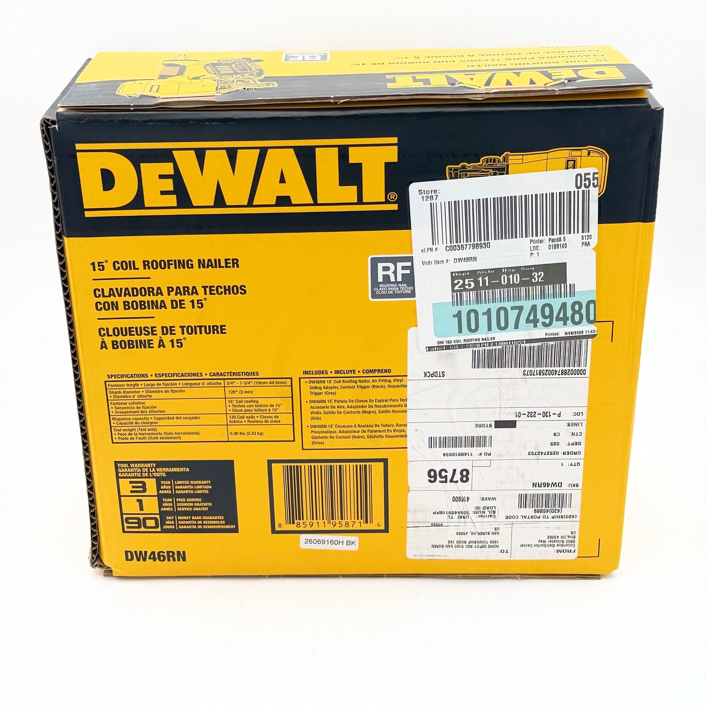 NEW DEWALT DW46RN 15° Coil Roofing Nailer w/ Vinyl Siding Kit