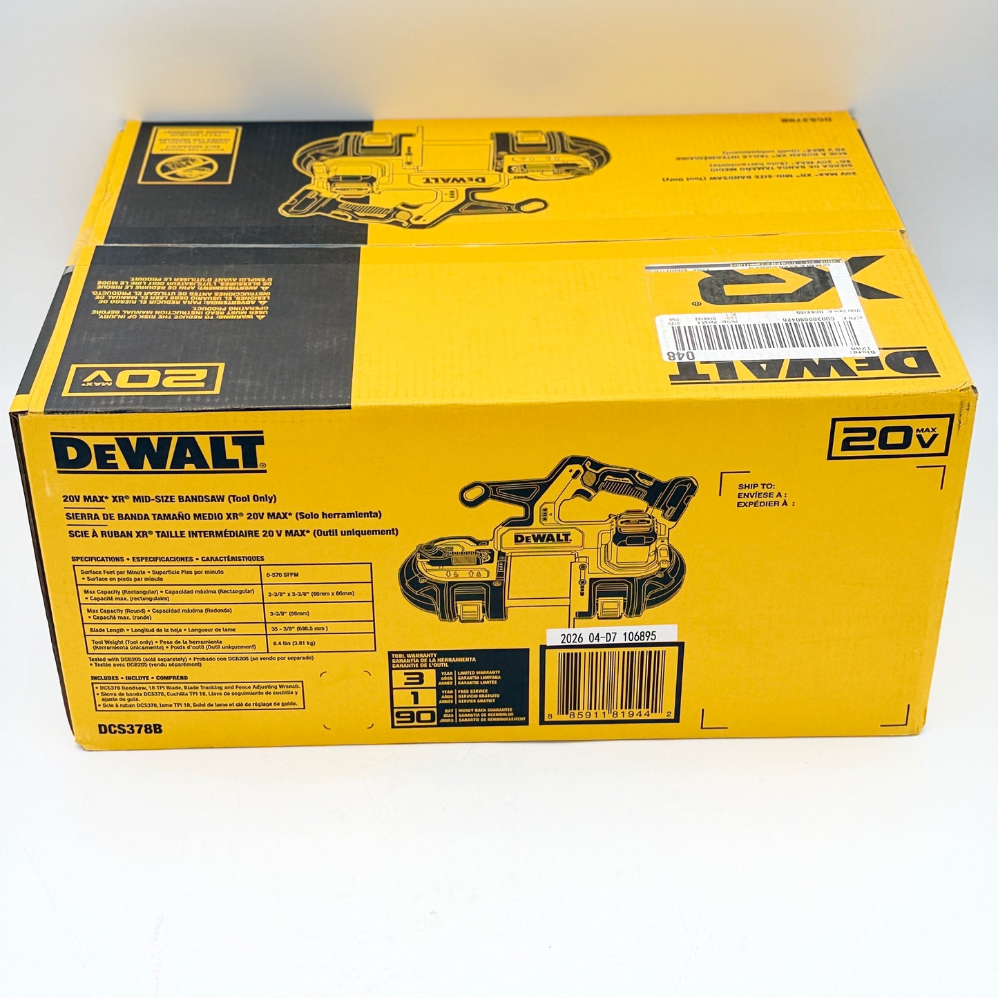 DeWalt 20V MAX XR Mid-Size Bandsaw DCS378B - New In Box