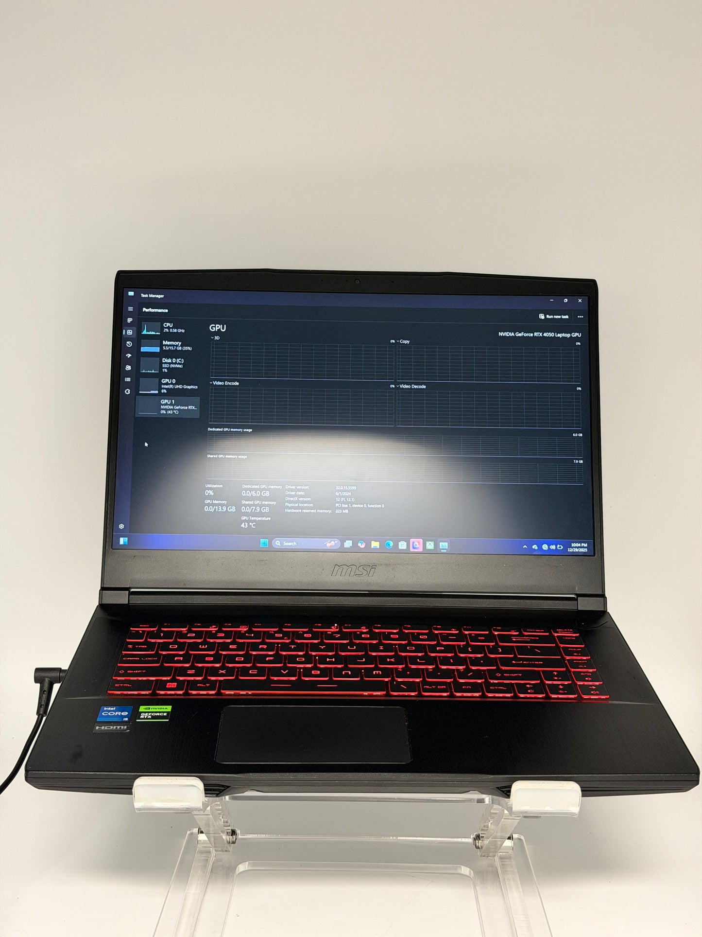 MSI GF63 Thin 12VE Gaming Laptop 512GB SSD, Intel Core I5-12450H, 16GB RAM, RTX4050