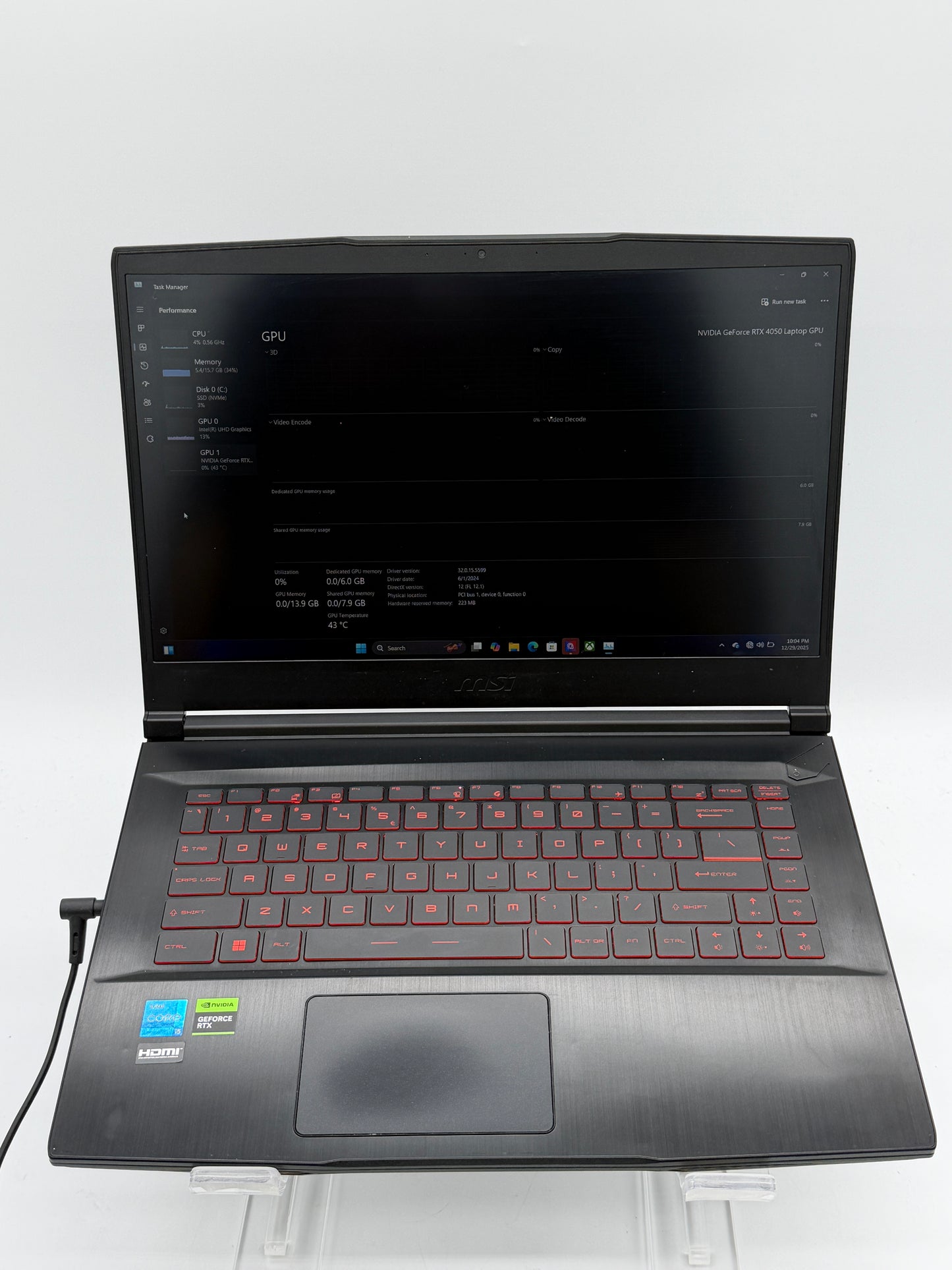 MSI GF63 Thin 12VE Gaming Laptop 512GB SSD, Intel Core I5-12450H, 16GB RAM, RTX4050