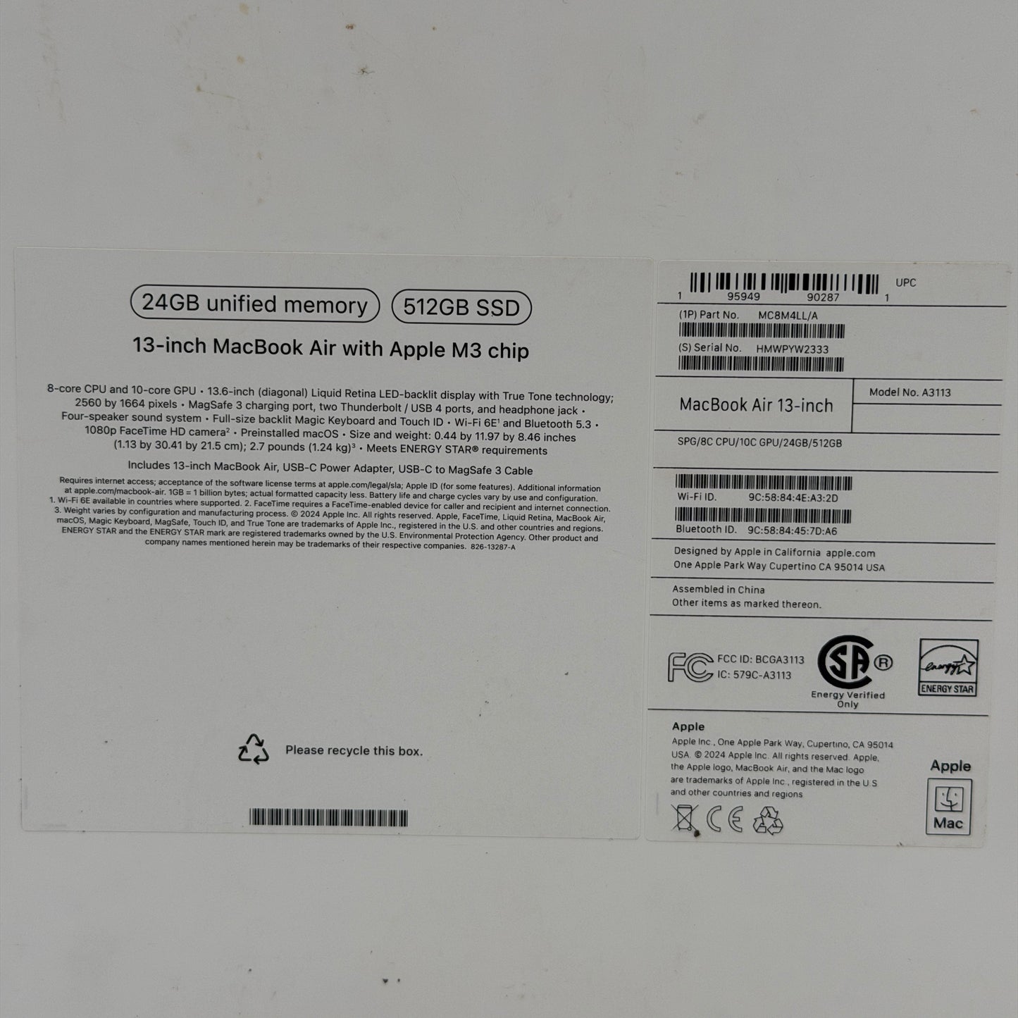2023 Apple MacBook Air 13" M3 8C GPU 4.0GHz 24GB RAM 512GB SSD MC8M4LL/A
