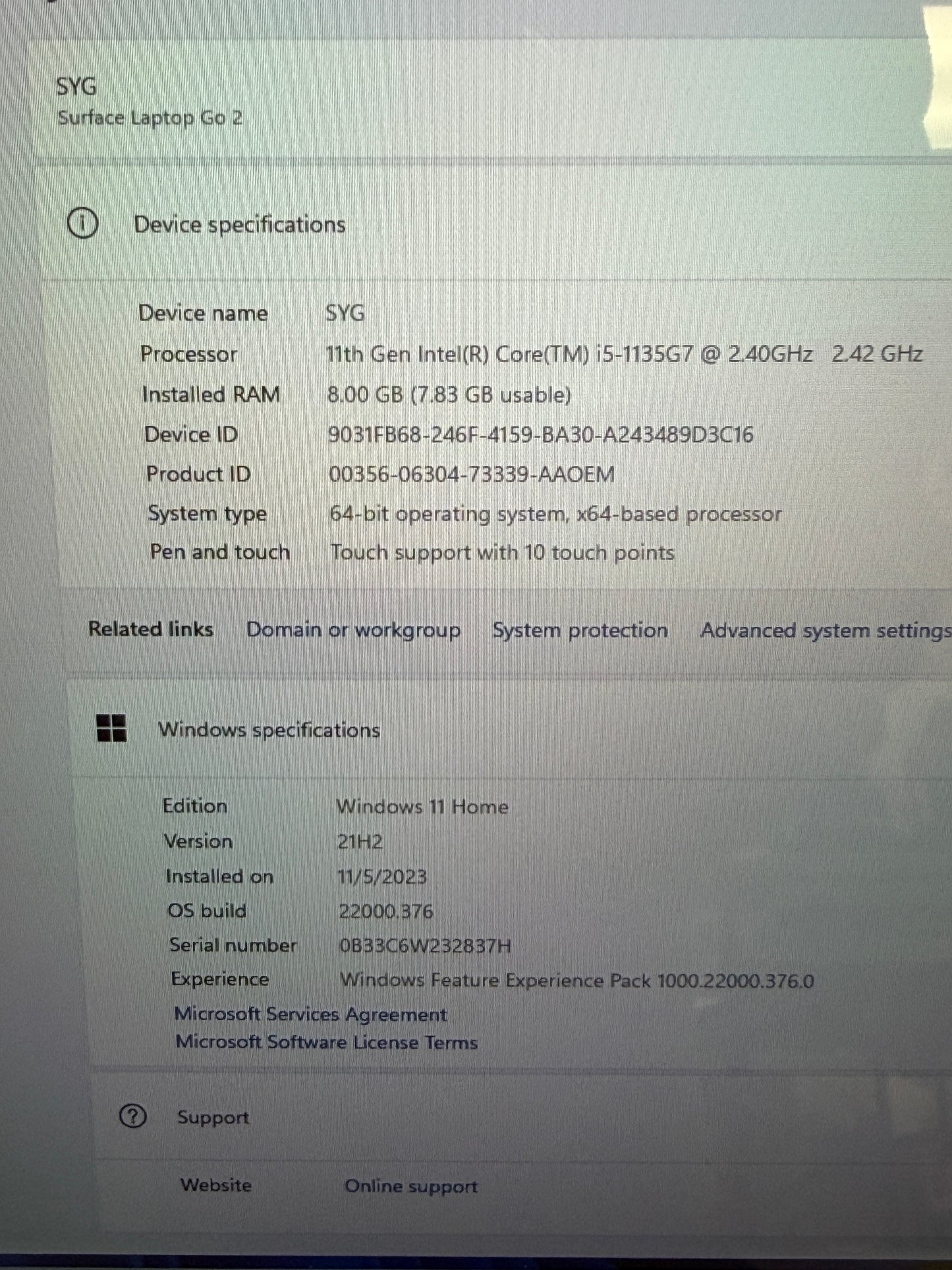 Microsoft Surface Laptop Go 2 2013 12.5"i5-1135G7U 1.3GHz 128GB SSD 8GB DDR4