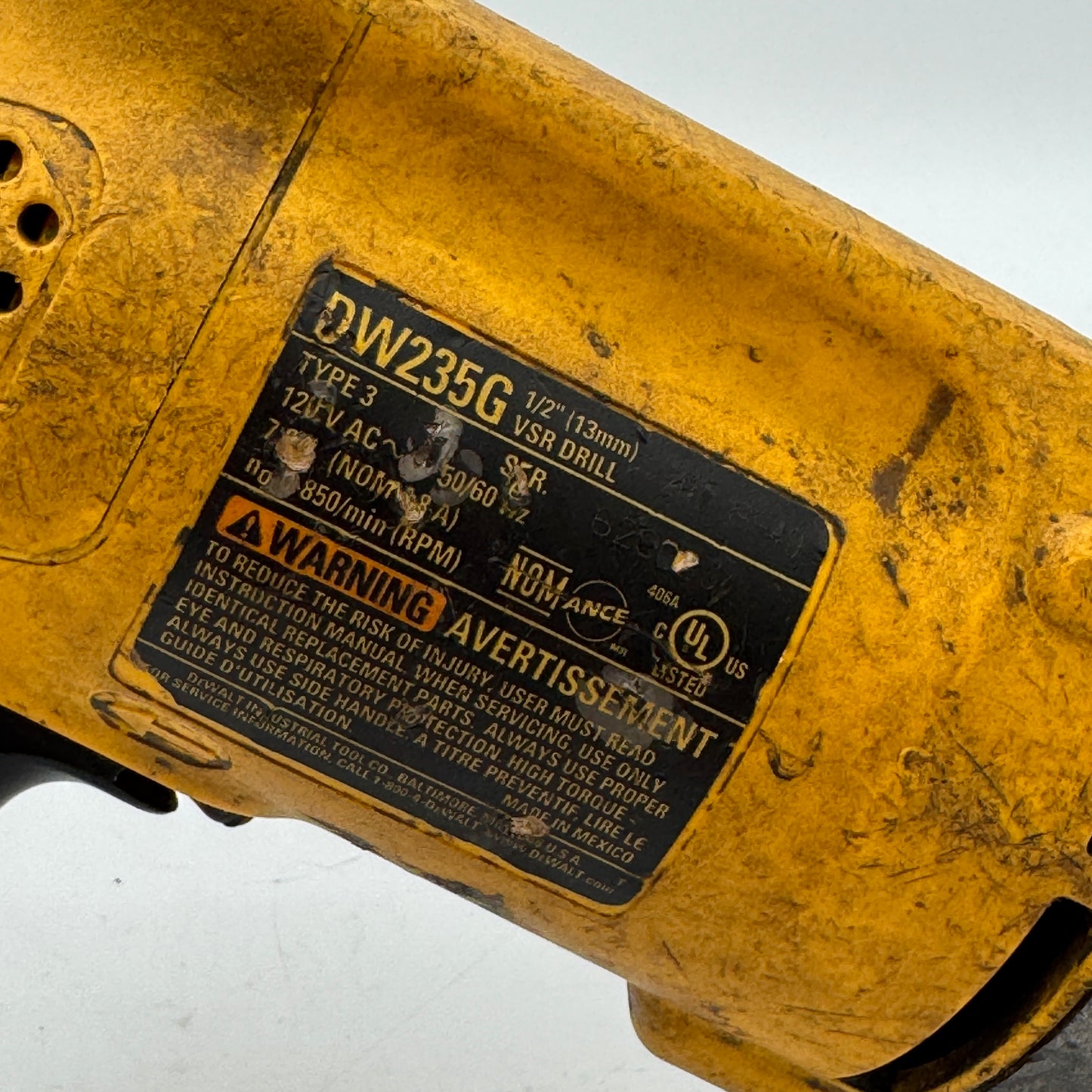 DeWalt DW235G 1/2" 7.8 Amp Variable Speed Reversing Drill - Yellow - Used
