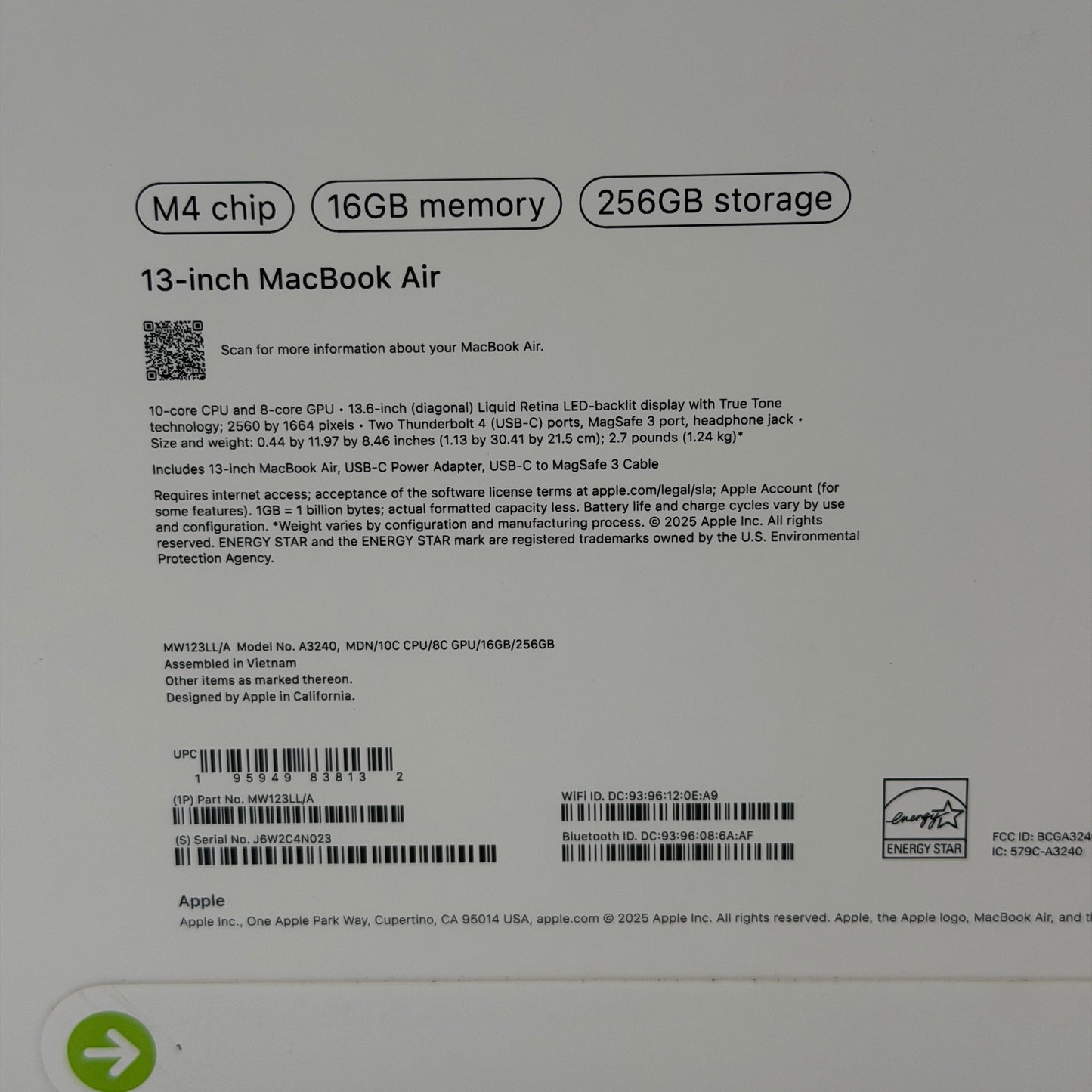 Apple MacBook Air 13" M4 A3240 2025 Space Gray New In Box