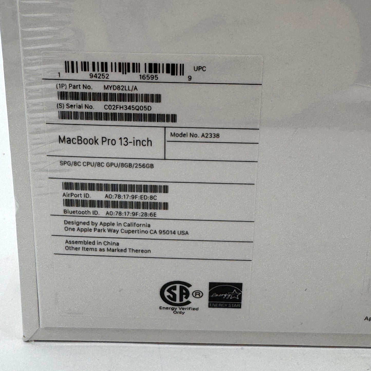 Apple MacBook Pro 13" A2338 2020 Apple M1 8GB RAM 256GB Storage Space Gray New In Box