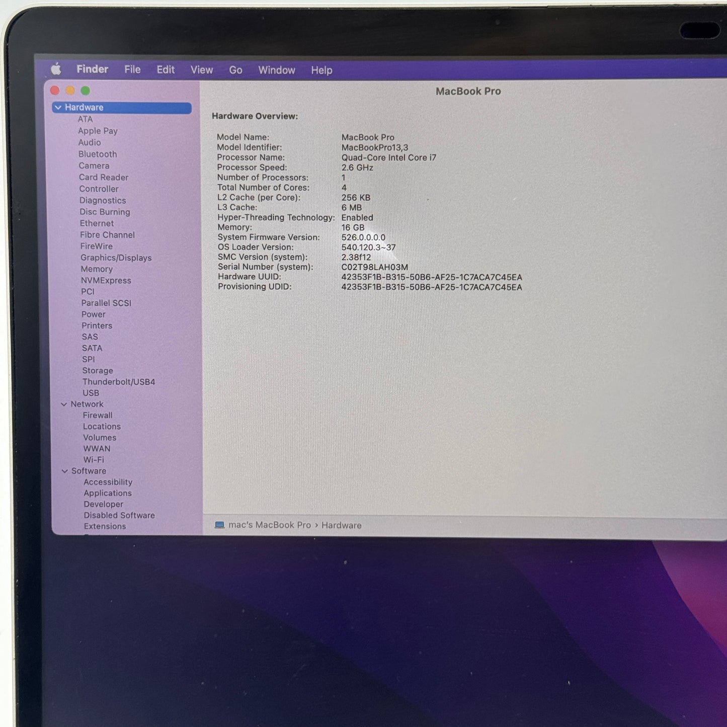 Apple MacBook Pro 15 inch A1707 2016 Core i7 16GB 256GB Gray Used