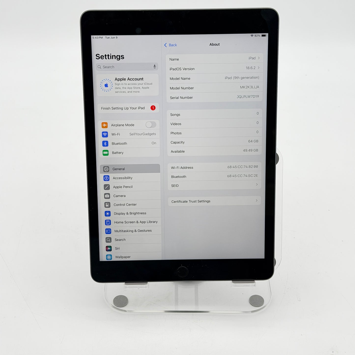 Apple iPad 9th Gen A2605 64GB Wi-Fi Only Black Used Grade A Tested