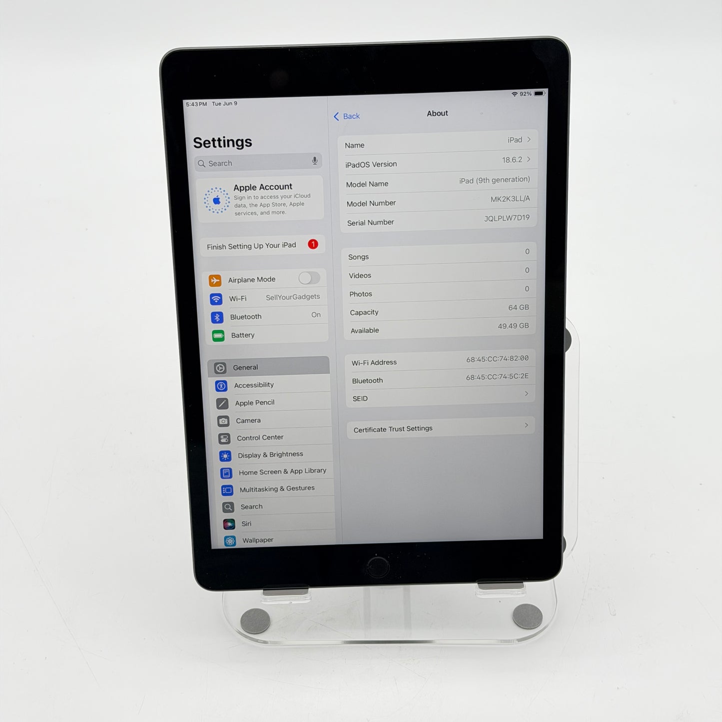 Apple iPad 9th Gen A2605 64GB Wi-Fi Only Black Used Grade A Tested