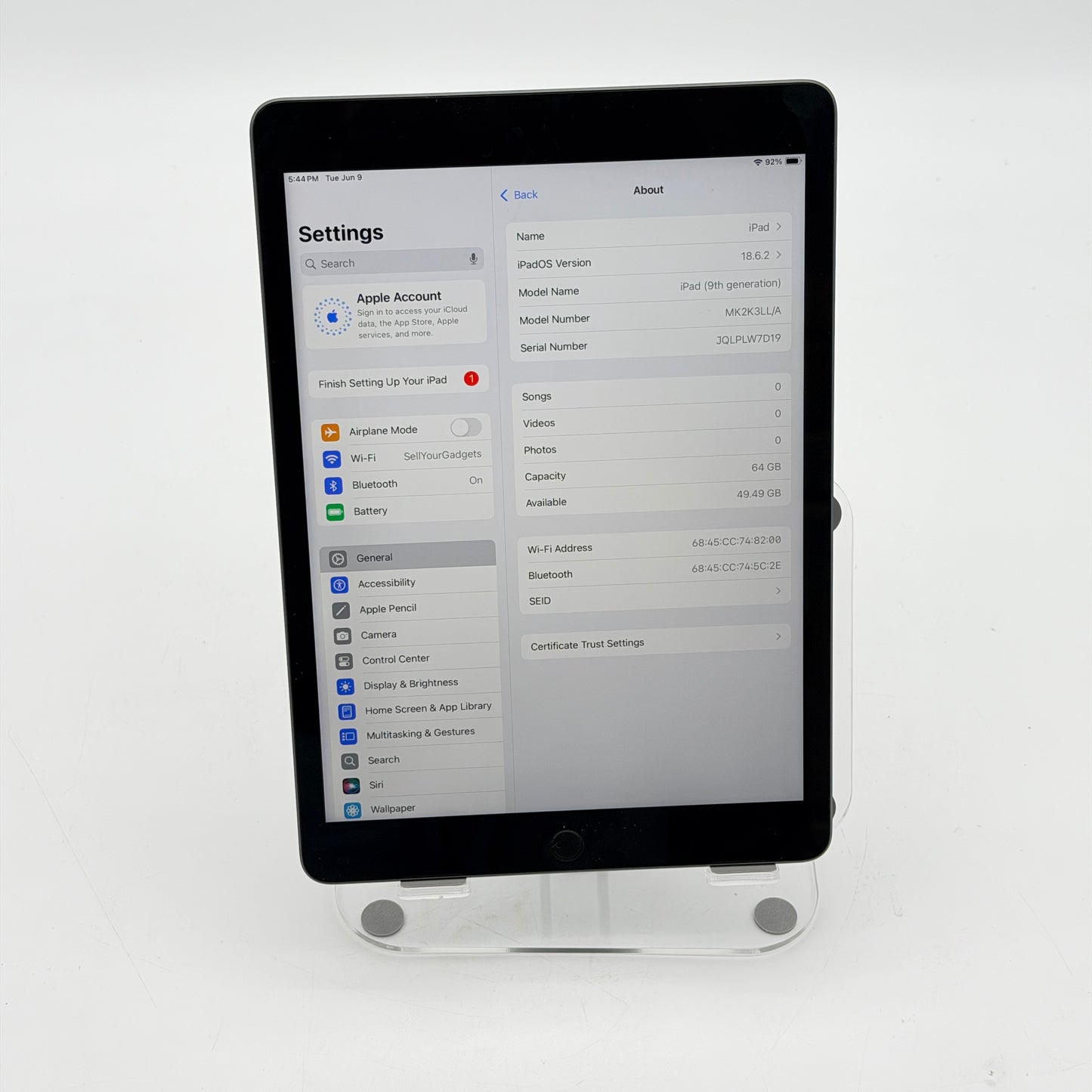 Apple iPad 9th Gen A2605 64GB Wi-Fi Only Black Used Grade A Tested