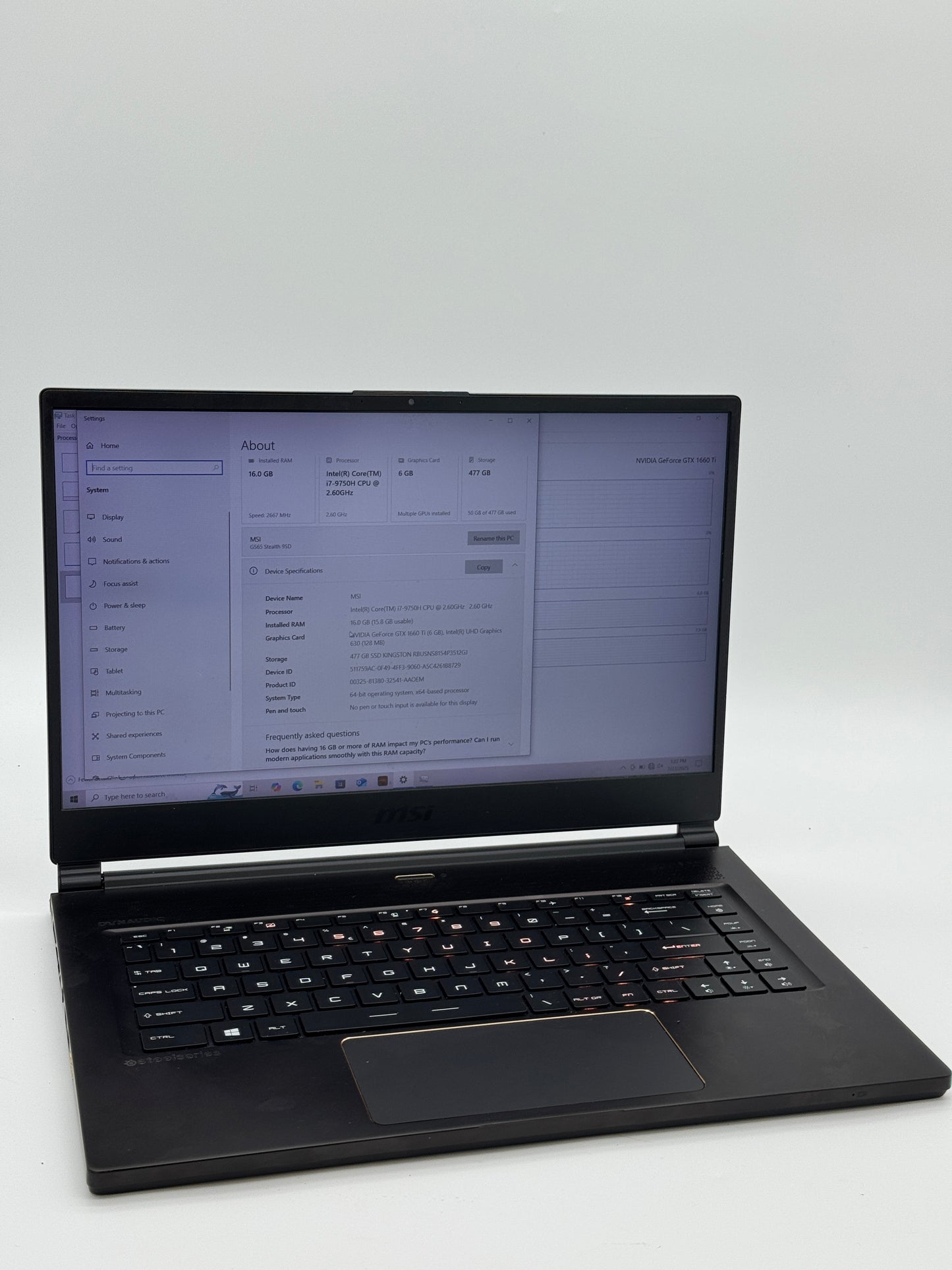 MSI GS65 Gaming Laptop - Core i7, 16GB RAM, 512GB SSD - Jet Black - 2021