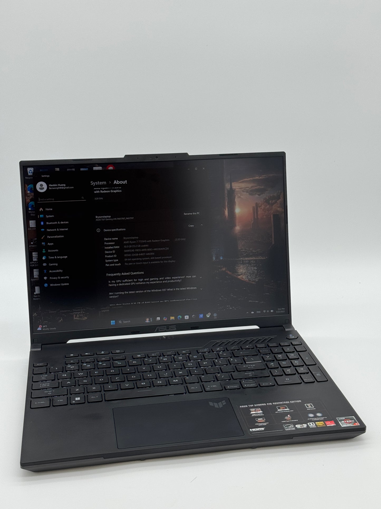 Asus TUF Gaming A16 Laptop | AMD Ryzen 7 | 16GB RAM | 512GB SSD | Used