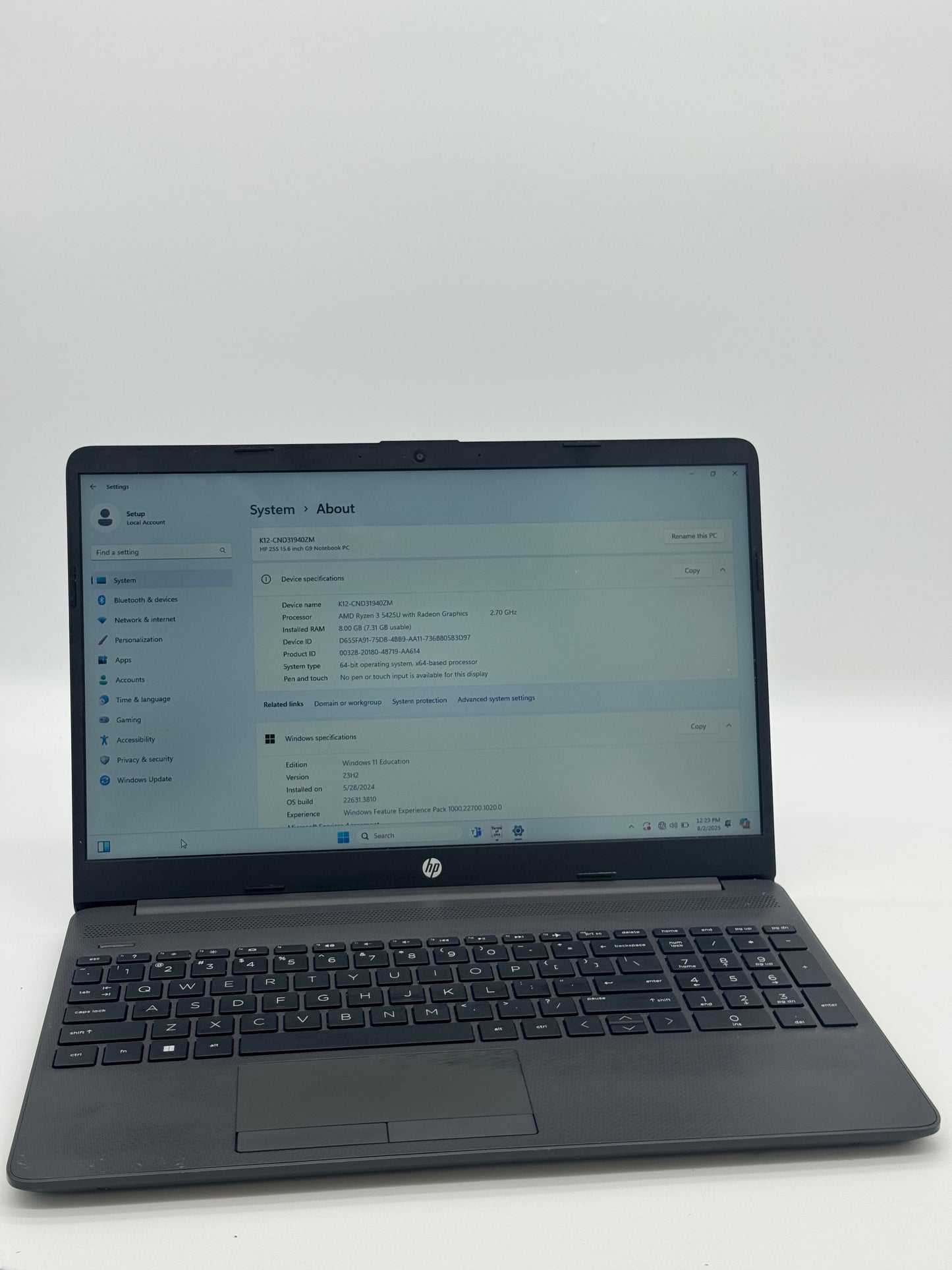 HP 255 15.6'' G9 Notebook - AMD Ryzen 3, 8GB RAM, 128GB SSD, Gray - Used needs new OS