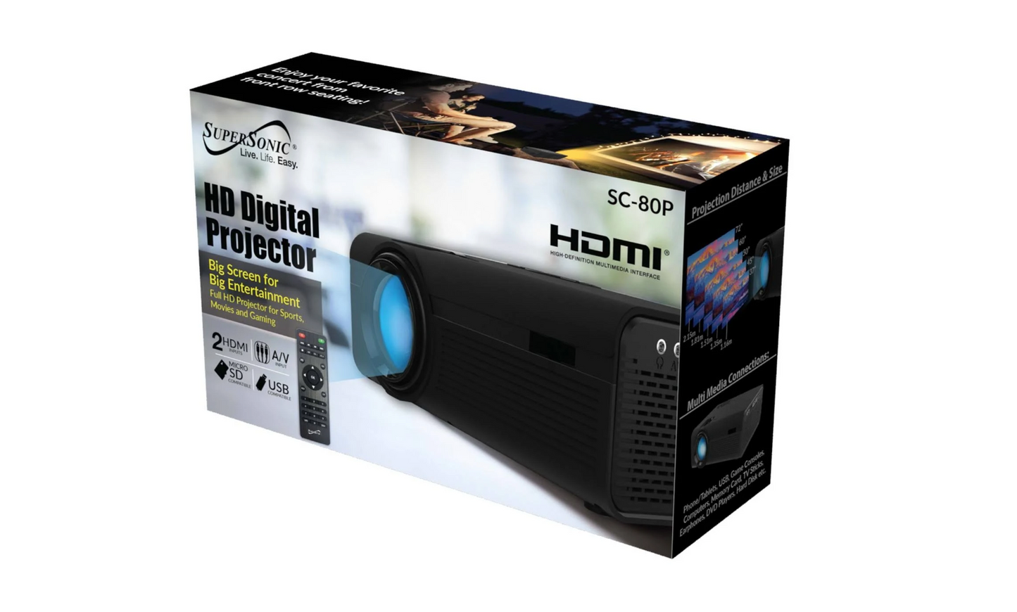 SuperSonic SC-80P HD Digital Projector Home Theater Movie HDMI USB